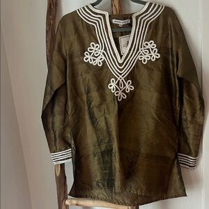 Barbara Gerwit Bronze Ivory Embroidered V-Neck Tunic with Contrast Trim NWT XL